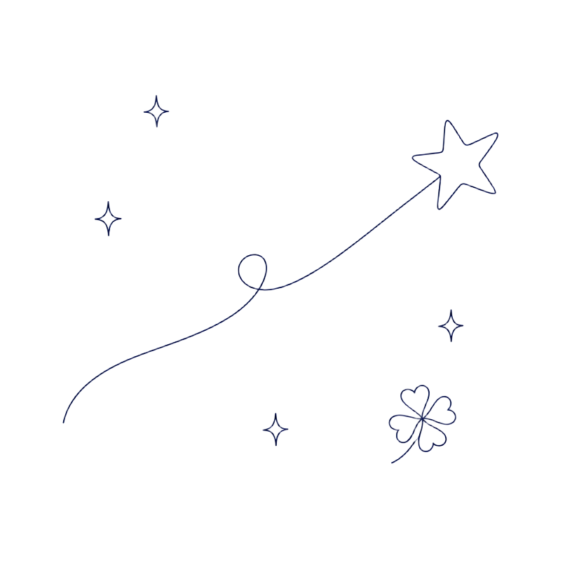 Line drawing of a shooting star trailing a curly line, with small sparkles and a clover